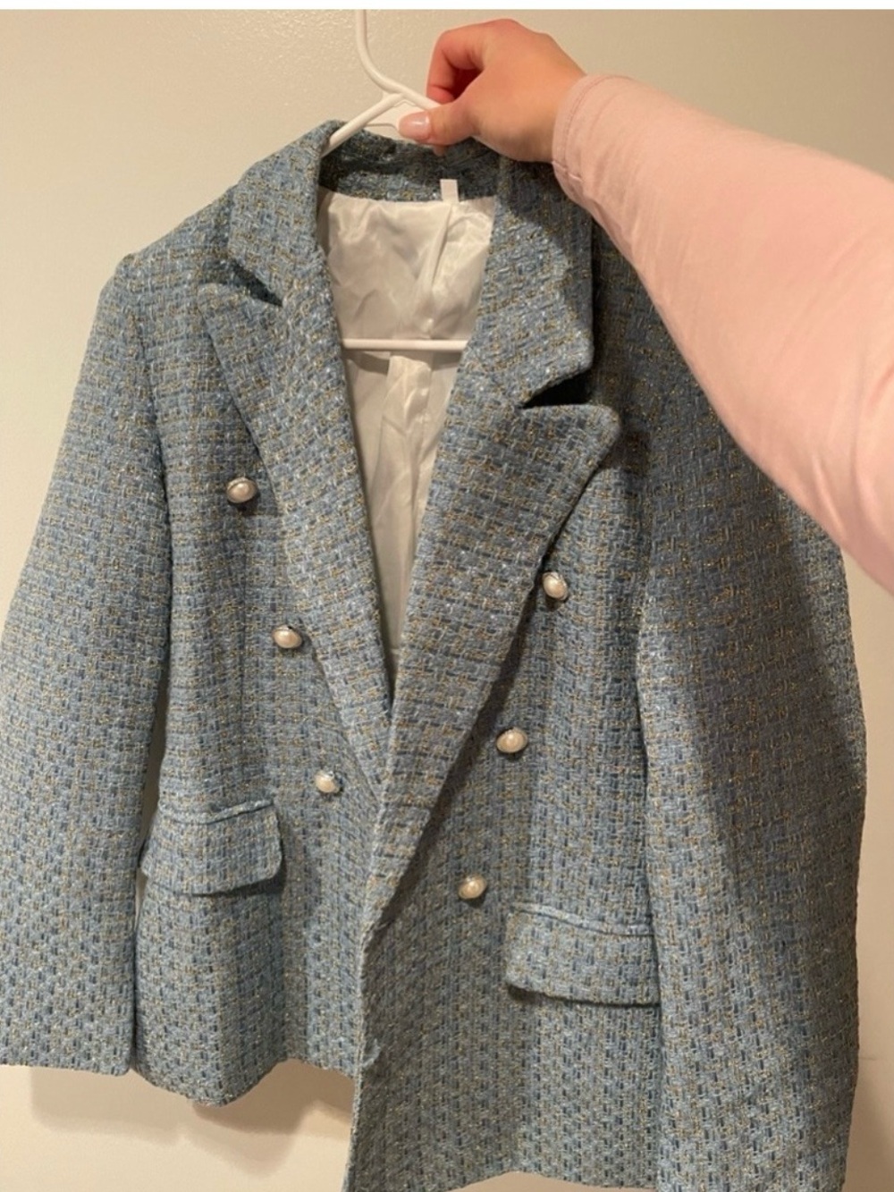 Double-Breasted Blue Tweed Blazer Jacket